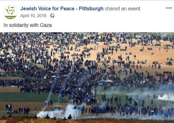 [תמונה: אירוע תמיכה של JVP בהתקהלות על גבול ישראל בהובלת חמאס. גל"צ (2018)].