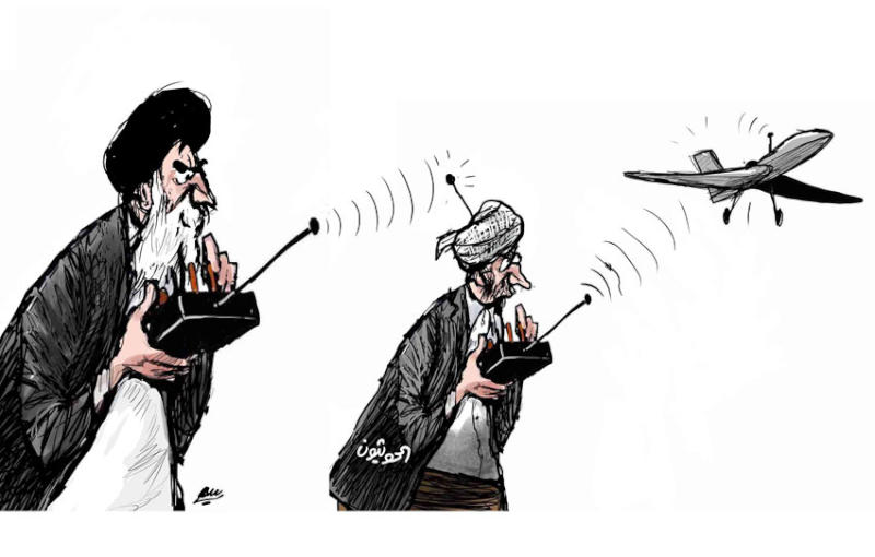קריקטורה-מי מפעיל את המל"טים שתוקפים את סעודיה-המורדים החות'ים בתימן או איראן?