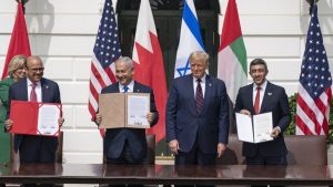 President Donald Trump and Prime Minister Binyamin Netanyahu (center), UAE Minister of Foreign Affairs and International Cooperation Sheikh Abdullah Bin Zayed (far right), and Bahrain Minister of Foreign Affairs Abdullatif Al Zayani (far left) (Official White House Photo by Shealah Craighead)