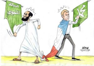 אויבי הנביא קריקטורה של מֻחַמַּד סַעִיד מהעיתון אל-מסירה התימני השייך לזרם החות'י. השוואה מעניינת בין נשיא צרפת עמנואל מקרון שמצהיר כי הוא פועל נגד הגורמים המוסלמים הקיצוניים במדינתו עם הסלפים, מוסלמים קיצוניים המתנגדים לחידושים באסלאם ל- כמו חגיגות הולדת הנביא מחמד (כמו בסעודיה) הסלפי מנסה להסיר את הדגל עליו כתוב 'הולדת הנביא' וחברו הצרפתי, הקשור אליו בבגדו מנסה להסיר את הדגל עליו כתוב 'מחמד. קרדיט: נעם בנעט חלון למזרח התיכון המתחדש