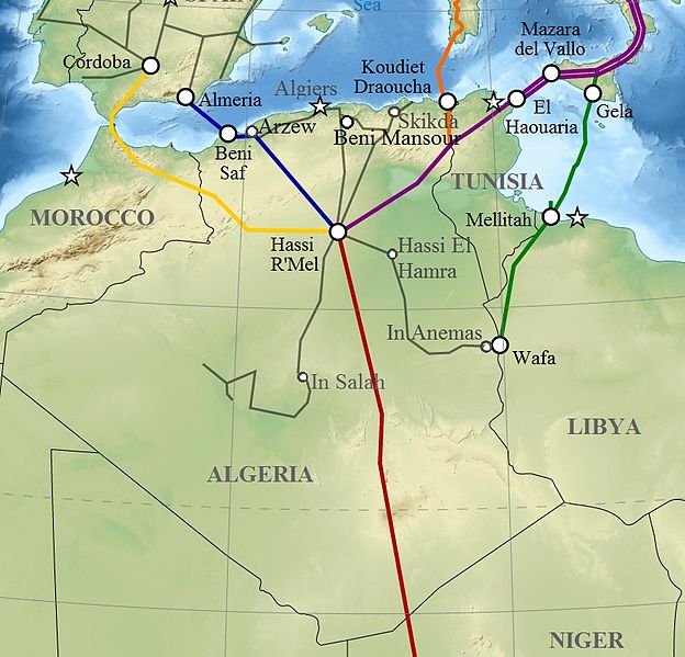 Algeria pipelines map showing pipelines across the Mediterranean Sea and the Sahara, the Trans-Saharan, Maghreb–Europe via Morocco (in yellow), Medgaz, Galsi, Trans-Mediterranean, and Greenstream. (Wikimedia)