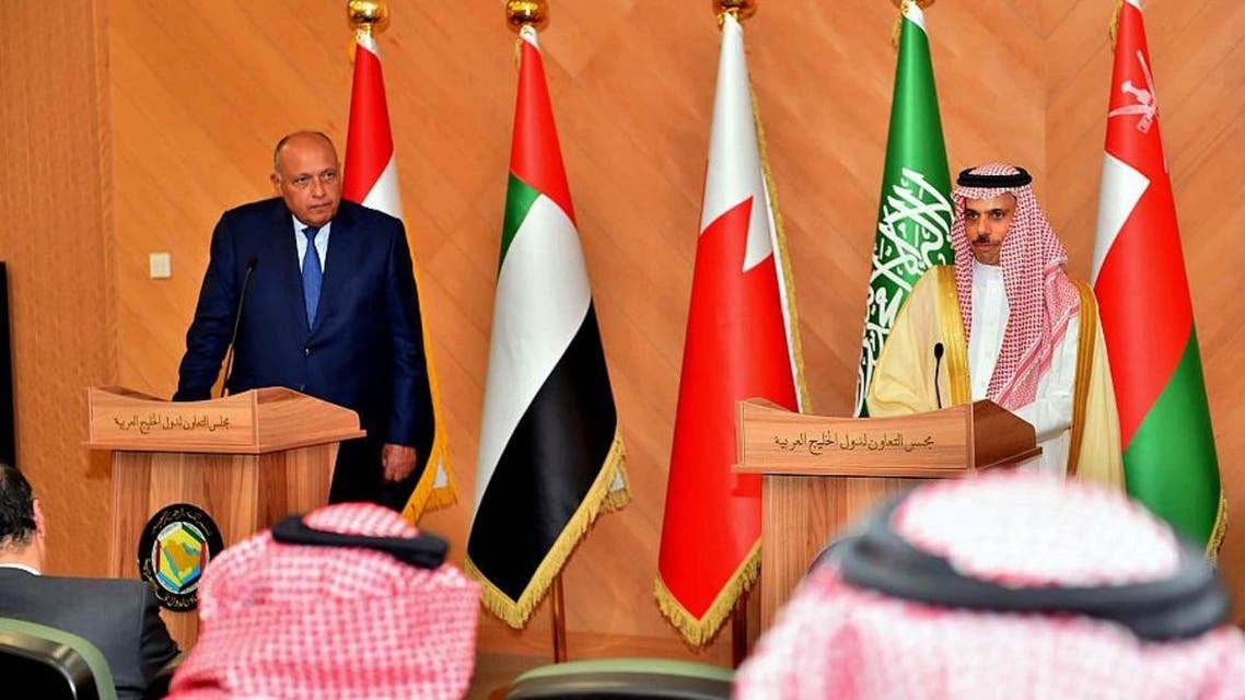 Saudi Arabia’s Foreign Minister Prince Faisal bin Farhan chairs a joint Gulf Cooperation Council (GCC) ministerial meeting attended by Egypt’s Foreign Minister Sameh Shoukry in Riyadh. (SPA)