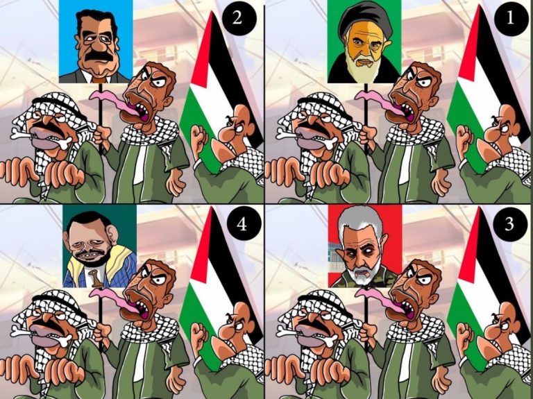 הפלסטינים ועבאס תומכים באויבי הערבים קריקטורה של פַהֶד אל-גֻ'בַּיְרִי הסעודי מתאר את התמיכה השנויה במחלוקת במנהיג המהפכה האסלאמית באיראן, אַיַתֹאלַלה רוֹחאלַלה חֹ'מֵינִי, נשיא עראק שכבש את שכנתו כווית באוגוסט 1990, צַדָאם חֻסֵין. // קרדיט : נעם בנעט
