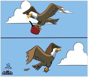 האם ביידן קיבל את מבוקשו מהביקור במזרח התיכון? קריקטורה של עַבְּדַאללה גַ'אבֶּר בעיתון הסעודי 'מֶכַּה' בו העיט, סמל ארה"ב, עֵיטָם לְבֶן-רֹאשׁ מגיע עם מיכל דלק - אבל חוזר בידיים ריקות. קרדיט: נעם בנעט חלון למזרח התיכון המתחדש